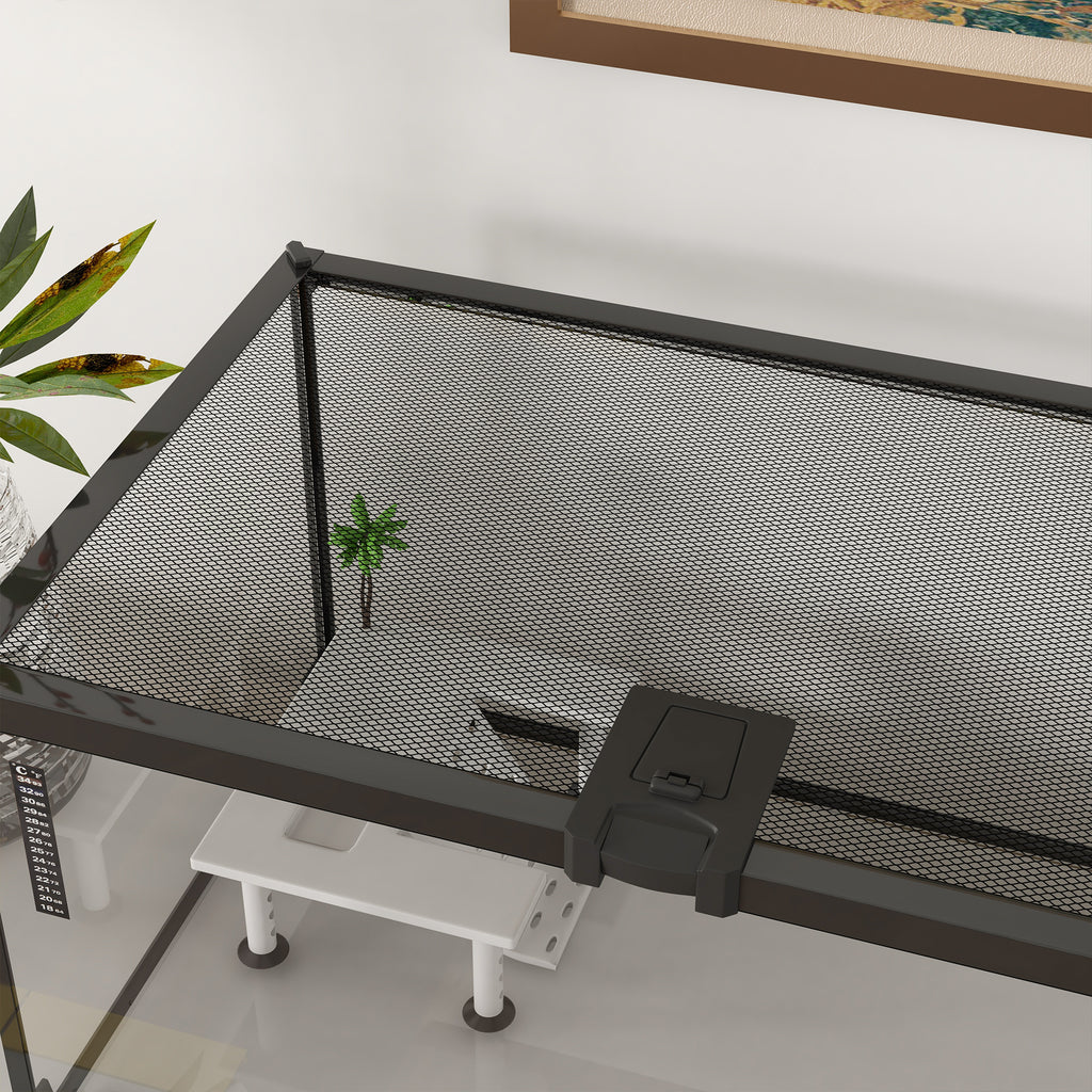 Aquarium pour Tortues avec Plateforme de Repos, Couvercle Coulissant en Filet, Thermomètre, 50x30x25cm, Blanc-7