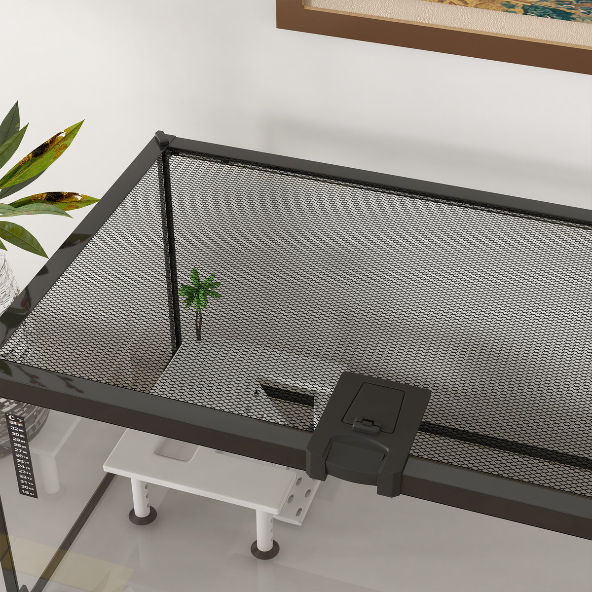 Aquarium pour Tortues avec Plateforme de Repos, Couvercle Coulissant en Filet, Thermomètre, 50x30x25cm, Blanc-7