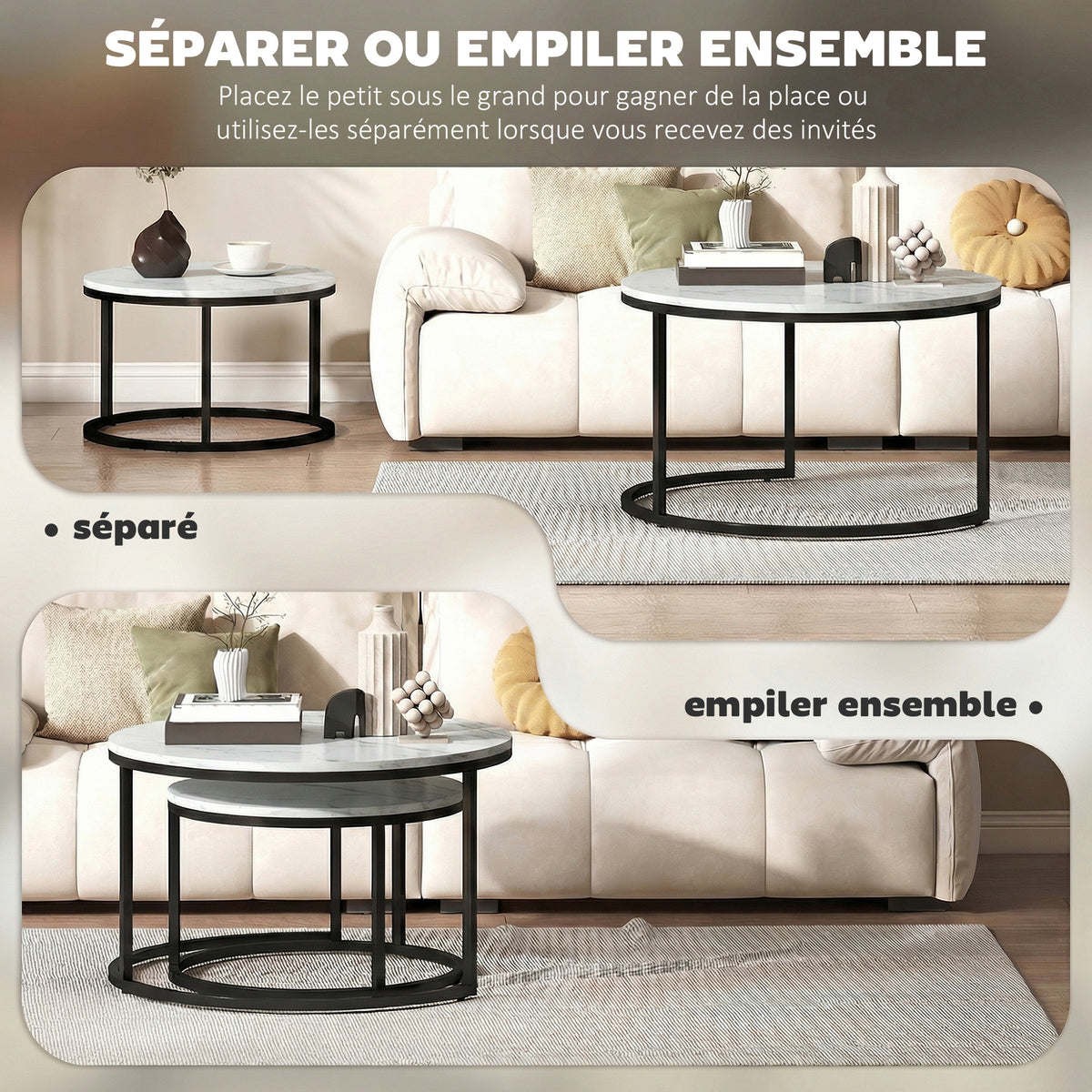 Lot de 2 tables basses gigognes empilable design industriel pieds en métal blanc-4