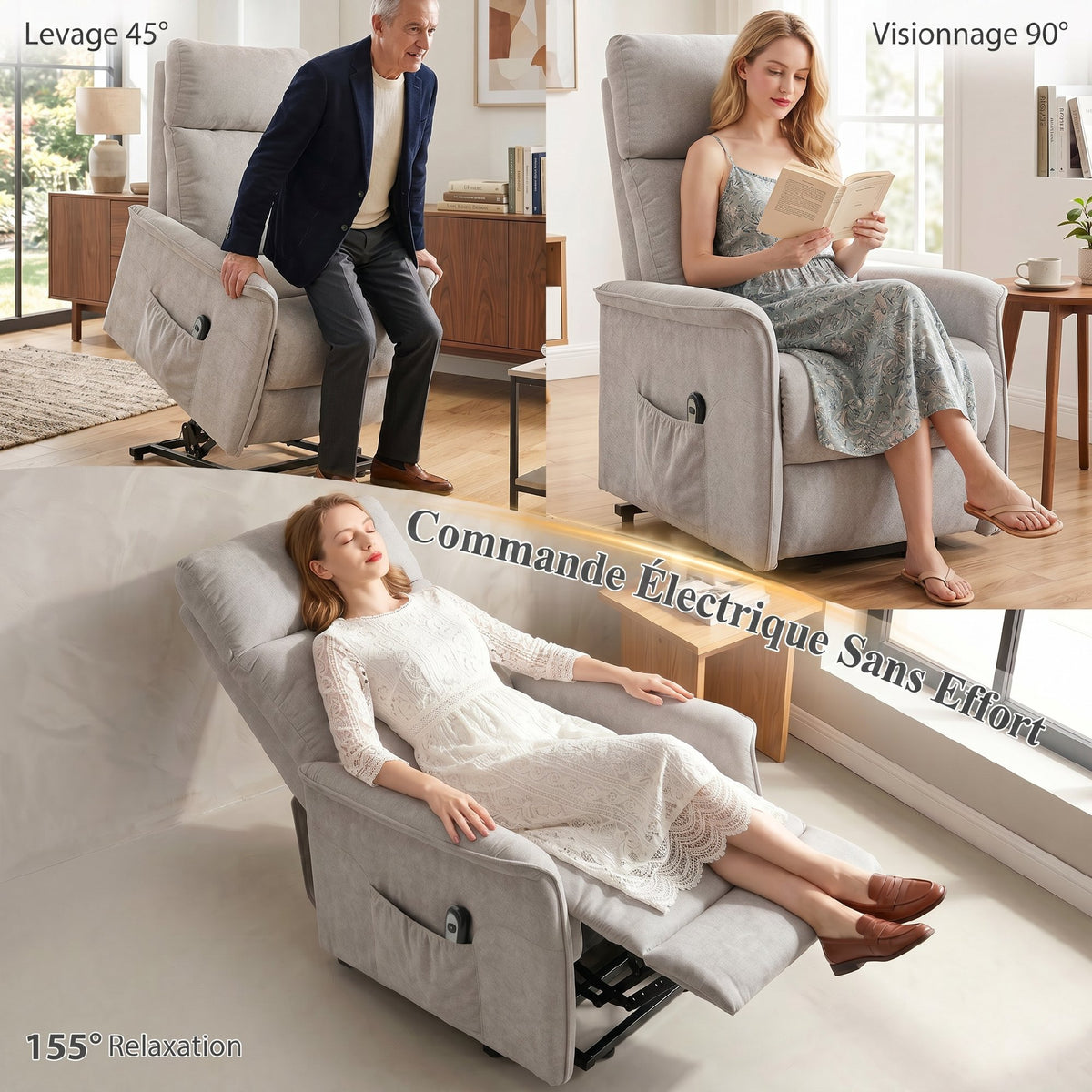 Fauteuil Releveur Électrique, Fauteuil Relax Électrique en Chenille avec Coussin à Ressorts, Dossier Inclinable, Gris-3