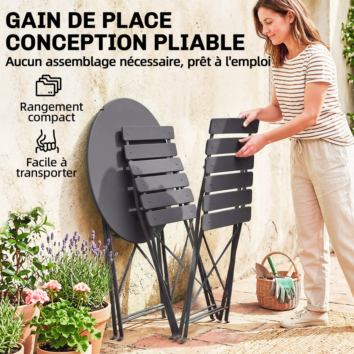 Ensemble Bistrot de Jardin 3 Pièces Table et 2 Chaises Pliantes à Lattes Double Protection Antirouille Noir-5