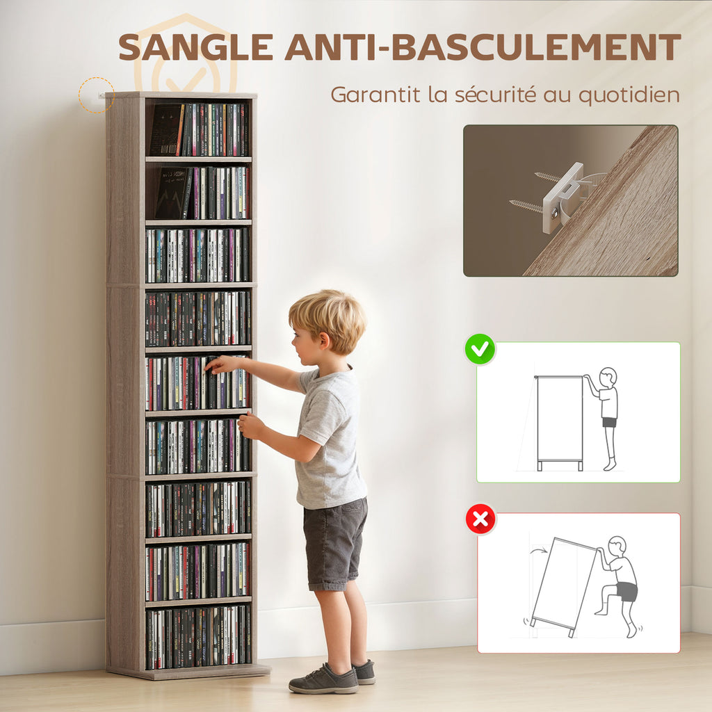 Rangements pour CD et DVD 9 compartiments et 6 étagères réglables capacité max. 260 CD/120 DVD 33 x 24 x 140 cm bois naturel-5