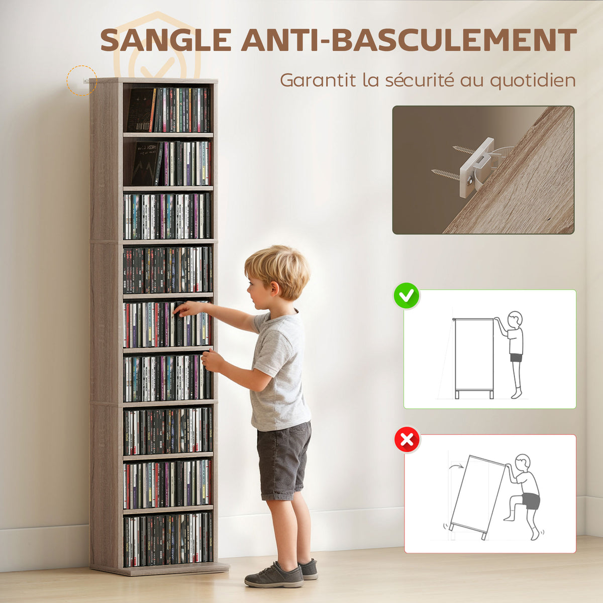 Rangements pour CD et DVD 9 compartiments et 6 étagères réglables capacité max. 260 CD/120 DVD 33 x 24 x 140 cm bois naturel-5