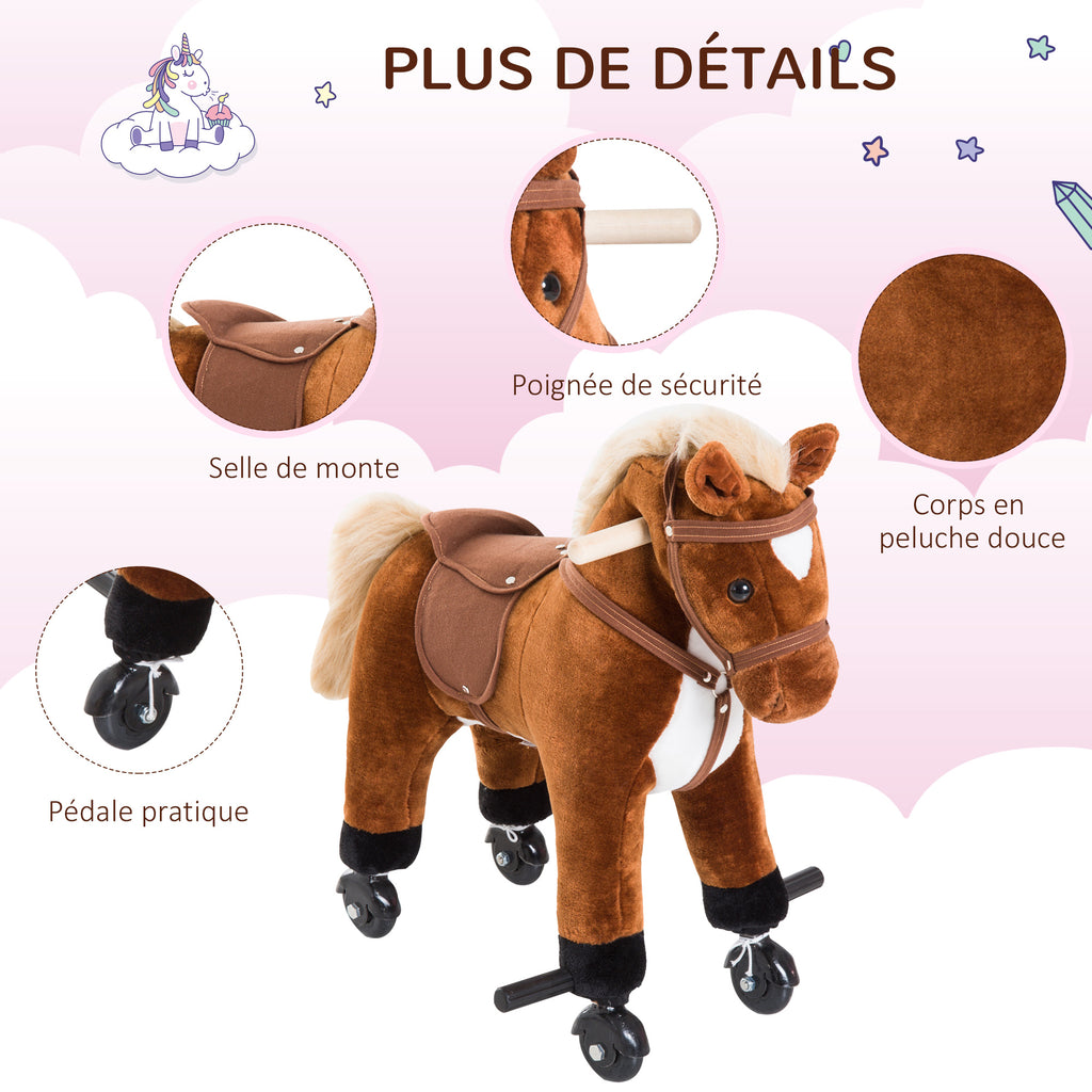 Jouet cheval pour enfant de +24 mois avec 4 roulettes, effet sonore, repose-pieds et guidon, 55x23x60 cm Marron-6