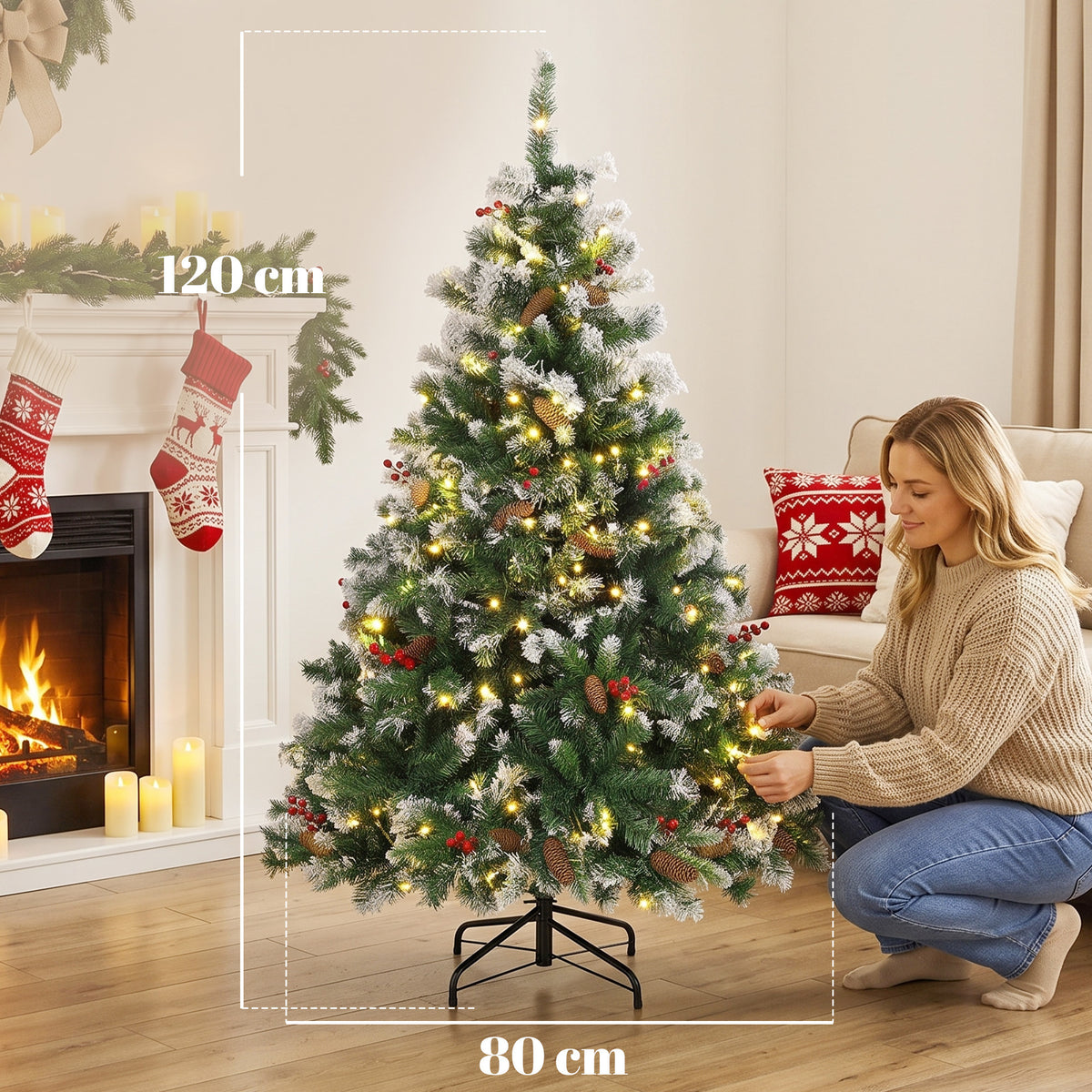 Sapin de Noël Artificiel Lumineux et Enneigé 120cm, Arbre de Noël, Télécommande, 11 Modes d'Éclairage, 150 LED, Vert-2