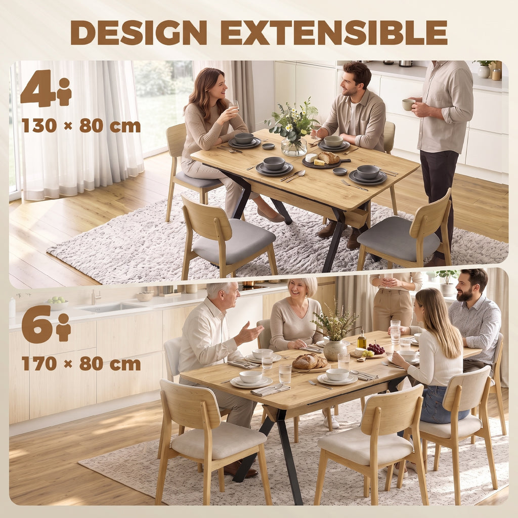 Table à Manger Extensible pour 4 à 6 Personnes, 130-170 cm, Table de Cuisine Rectangulaire, Bords Arrondis, Chêne-3