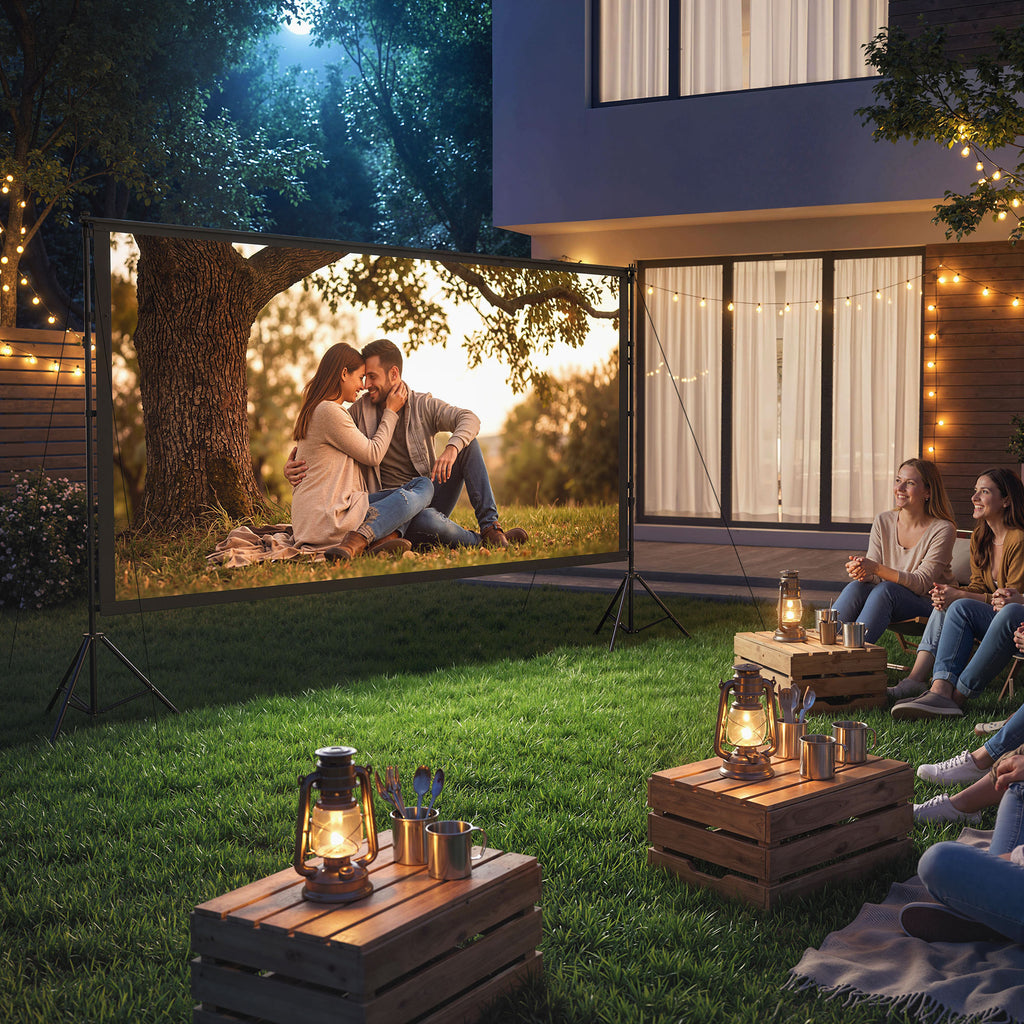 Écran de projection avec trépieds 120 pouces 16:9 HD 4K/8K, écran videoprojecteur portable, 309x62x217cm, blanc et noir-9