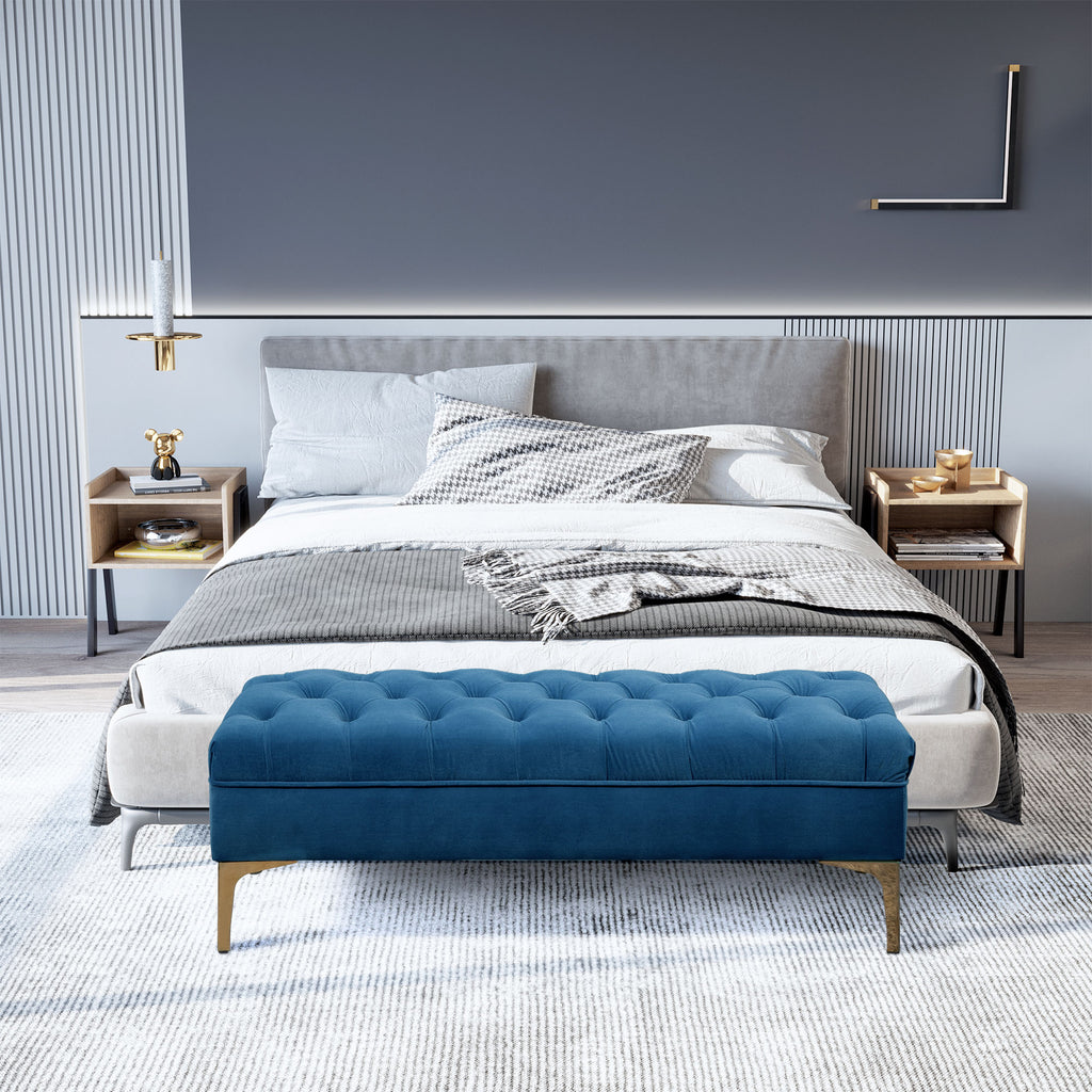 Banc banquette capitonnée bout de lit style classique chic 118L x 45l x 42H cm piètement métal doré velours bleu-9