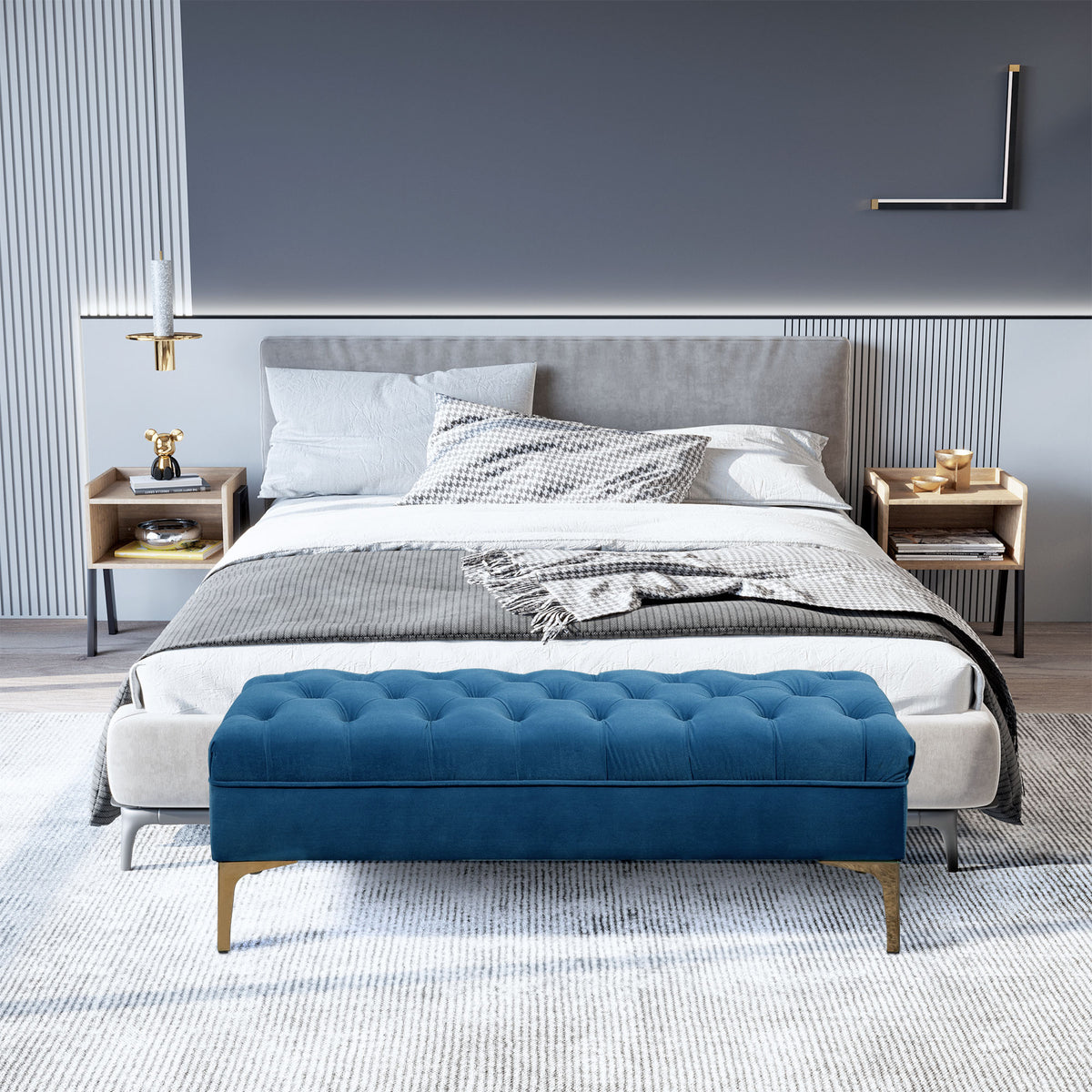 Banc banquette capitonnée bout de lit style classique chic 118L x 45l x 42H cm piètement métal doré velours bleu-9