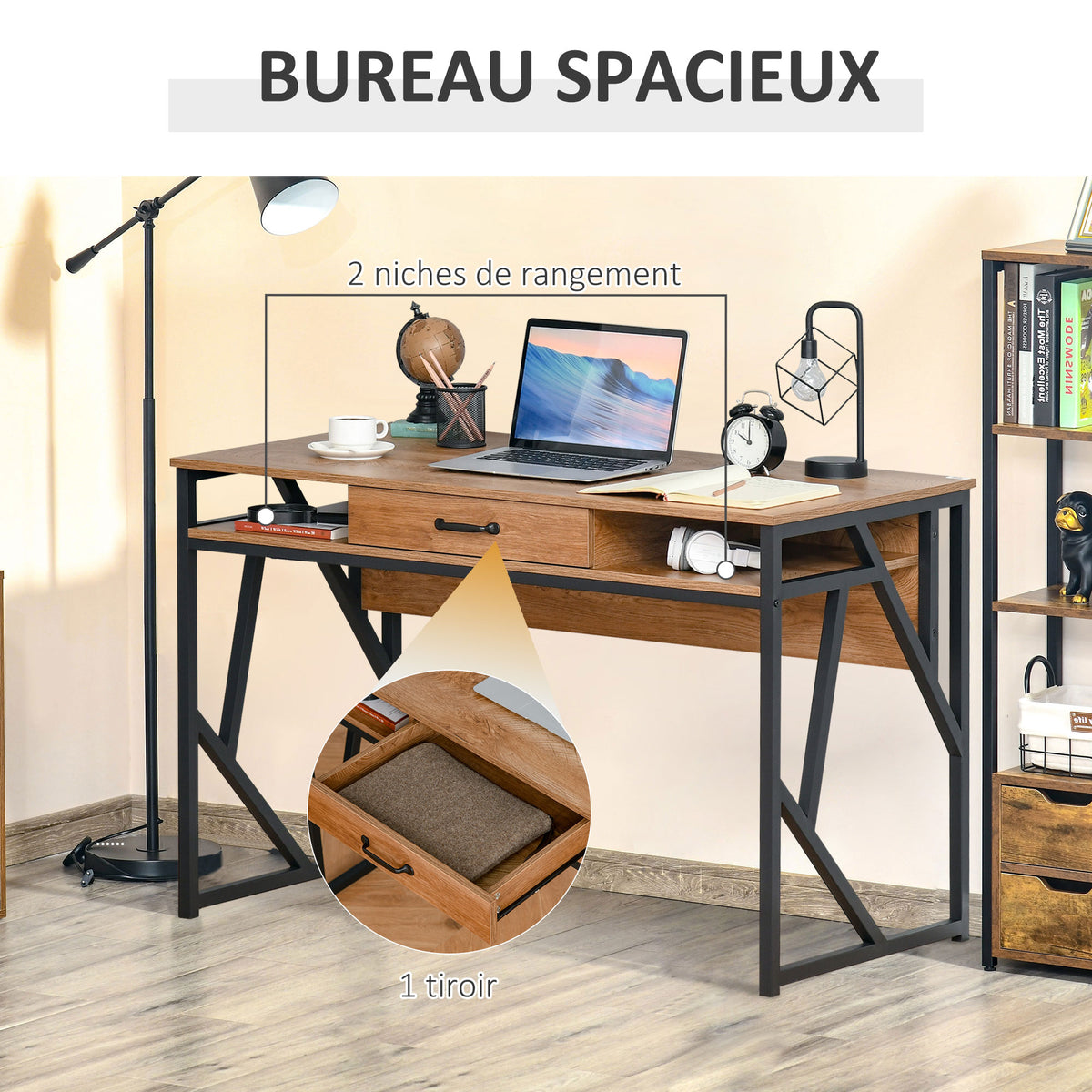 Bureau Style Industriel 120L x 60l x 76H cm tiroir + 2 niches piètement métal Noir Plateau, pour Étude, Aspect-4