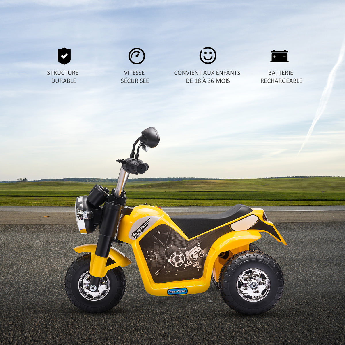 Moto électrique Enfant Chopper Tout-Terrain 6 V 20 W Marche AV AR 3 Roues Effets Lumineux et sonores Jaune Noir-6