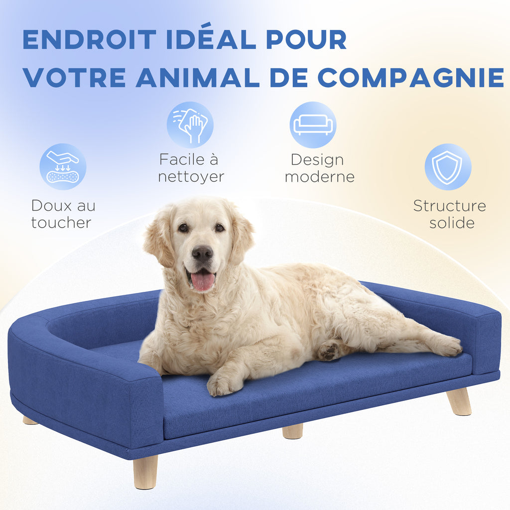 Canapé pour chien grand lit surélevé pour chien coussin lavable cadre en bois tissu polyester 98 x 67 x 25 cm bleu-6