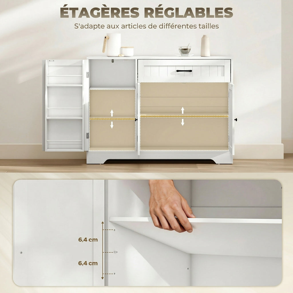 Buffet cuisine, meuble de rangement avec tiroir, 3 portes à fermeture douce, racks-porte et étagères réglables, blanc-5