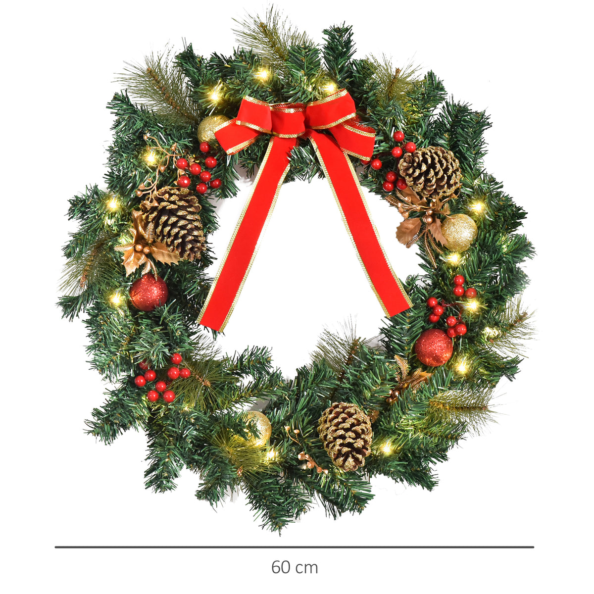 Couronne de Noël artificielle lumineuse avec 20 LED de 60 cm - décorée de houx et de pommes de pin-2