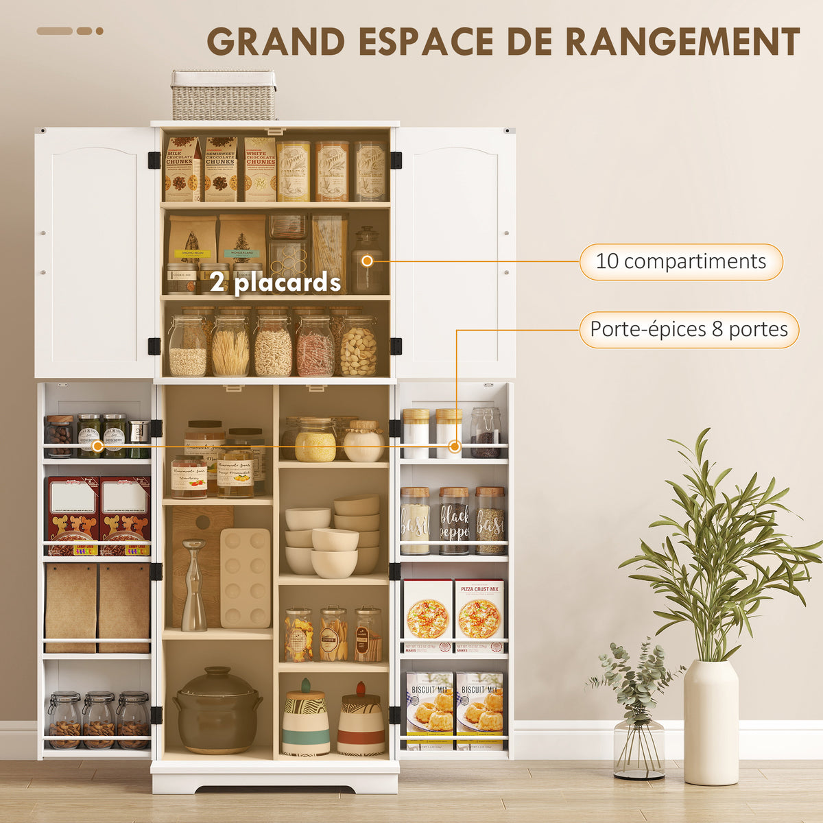 Buffet haut cuisine, armoire de cuisine, 4 portes, 10 niches, 8 porte-épices et étagères réglables, 60x35x162cm, blanc-3