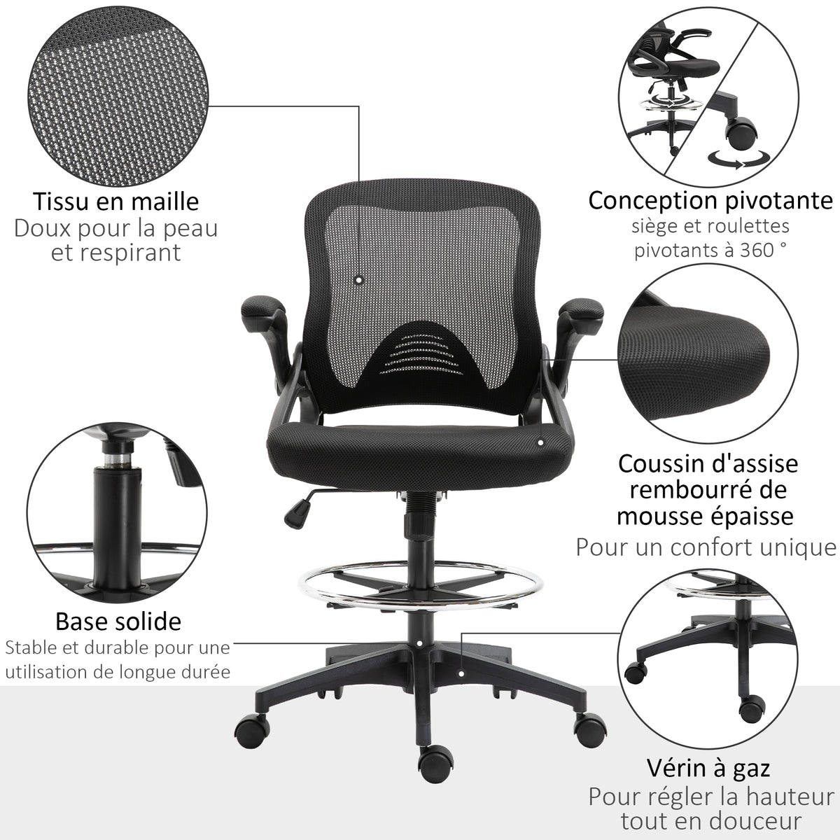 Chaise bureau ergonomique, fauteuil de bureau avec repose-pieds, chaise de dessin à dossier en maille, hauteur réglable, accoudoirs, assise rembourrée et pivotante 360°, noir-6