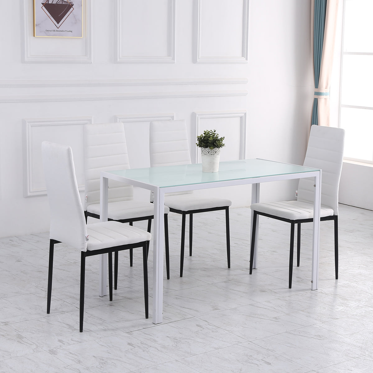 Lot de 4 chaises de salle à manger chaises de cuisine avec dossier haut pieds en métal et tissu en lin 41x50x97cm blanc-6