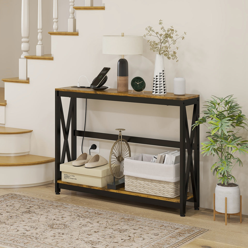 Console meuble étroite à 2 niveaux style industriel avec prises de courant et USB, 100 x 24 x 75 cm, marron-9
