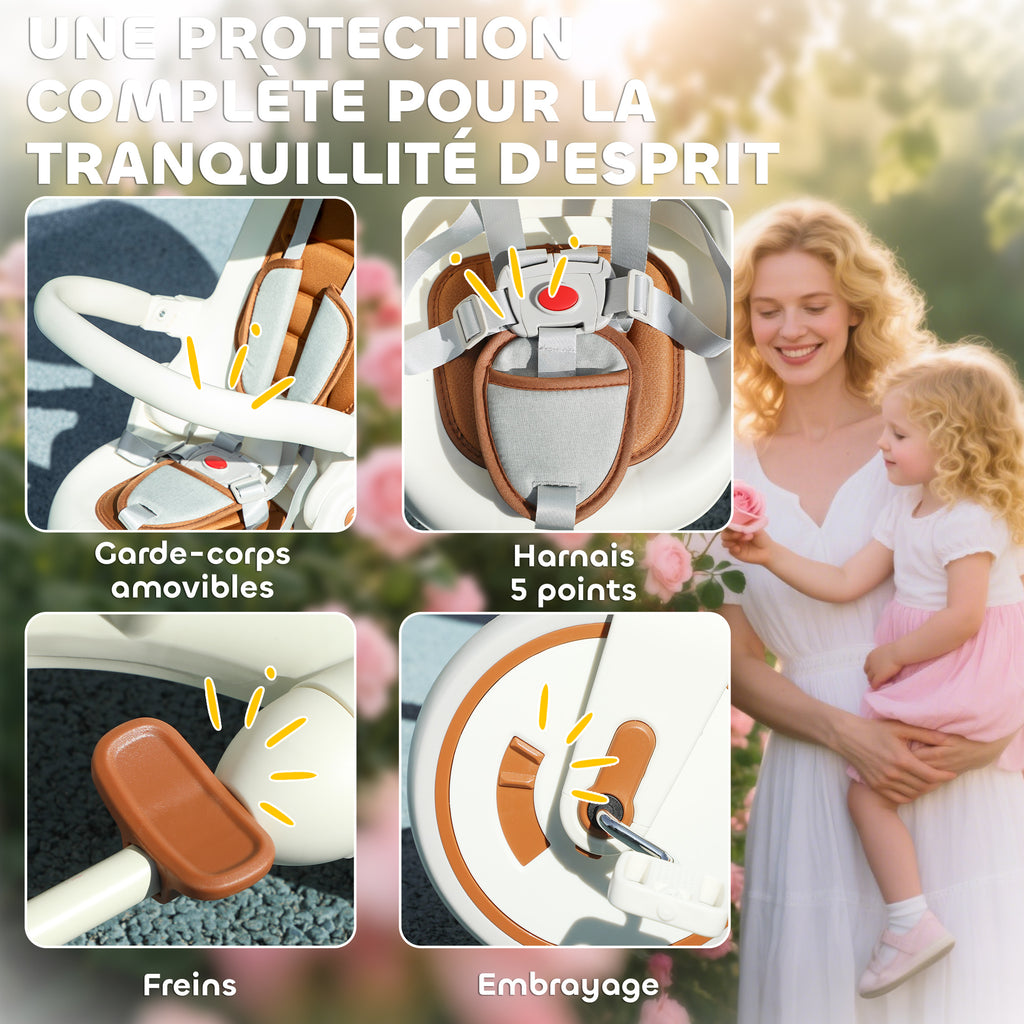 Tricycle bébé évolutif 5 en 1, tricycle enfant pliable avec poignée réglable, capote amovible, pour 1-3 ans, crème-4