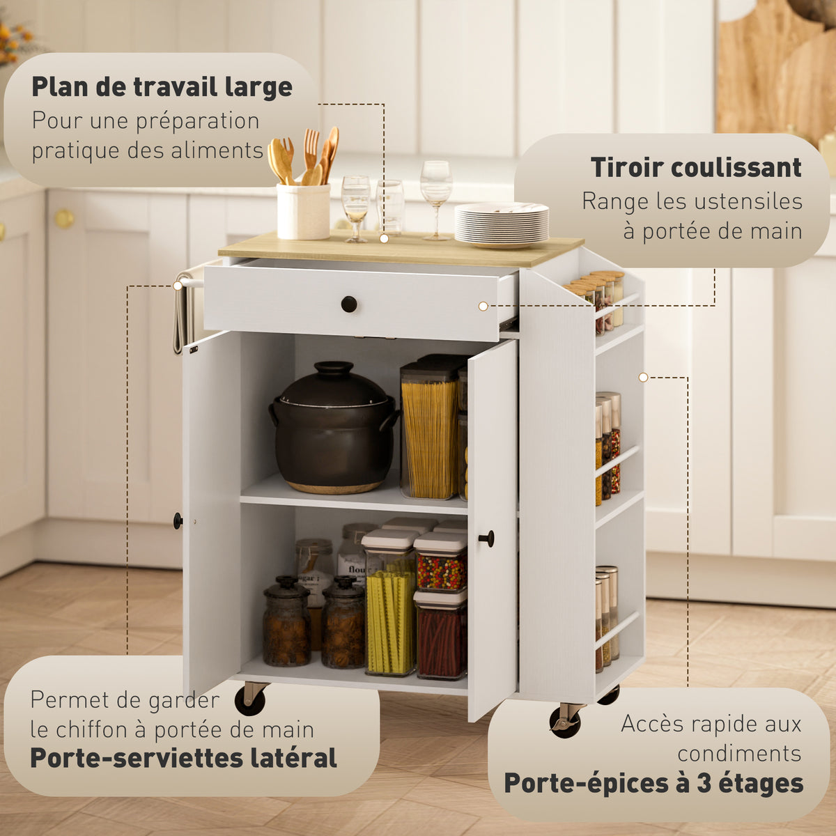 Îlot central cuisine mobile desserte cuisine avec tiroir étagère réglable placard à deux portes 82 x 38 x 86,5 cm blanc-3