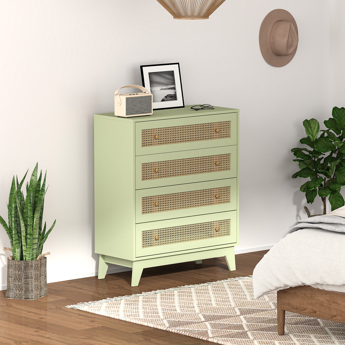 Commode 4 tiroirs meuble de rangement cannage en rotin aspect bois clair 80 x 35 x 95 cm vert-1