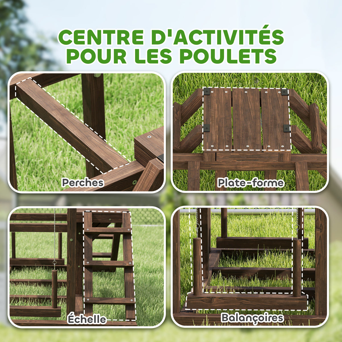 Aire de jeux en bois, Perchoir en bois pour poule, avec balançoire, échelle, plateformes, 82 x 60 x 55 cm, marron-3