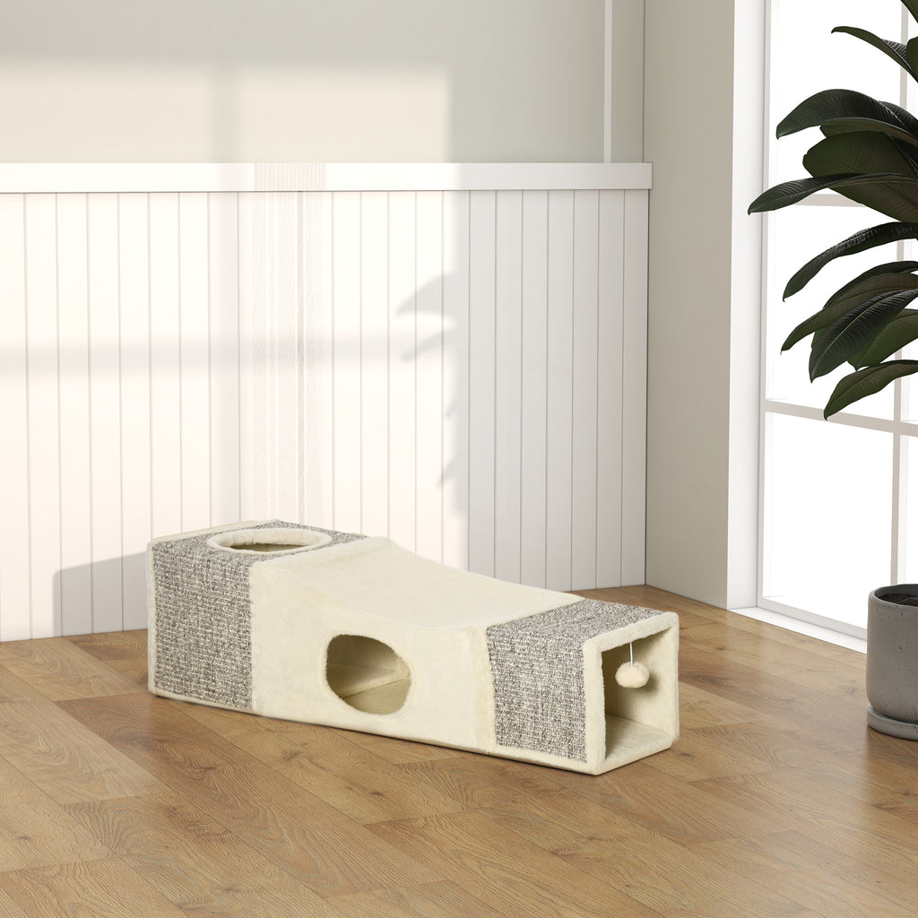 Tunnel pour chat intérieur jouets pour chats avec balle suspendue entrées multiples en sisal 98 x 30 x 30 cm crème-8