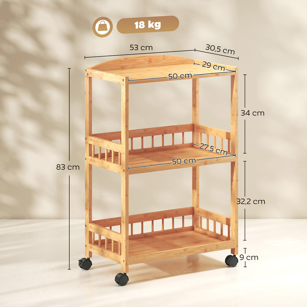 Chariot de cuisine à 3 niveaux, desserte à roulettes en bambou pour chambre, salon, bureau, 53x30,5x83cm, bois naturel-2