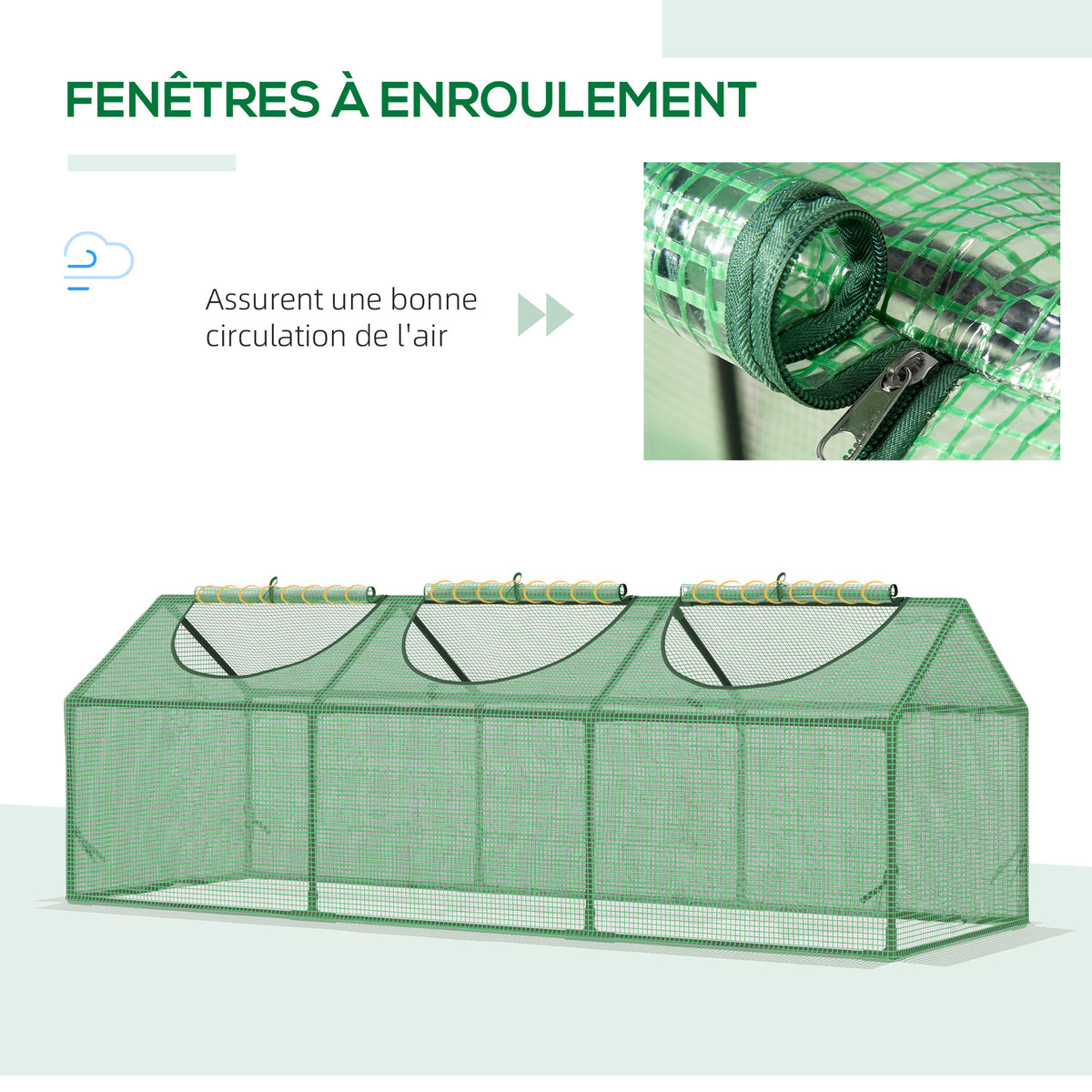 Serre de jardin mini serre 3 fenêtres enroulables couverture en PE haute densité 140 g/m² 180 x 60 x 60 cm vert foncé-4