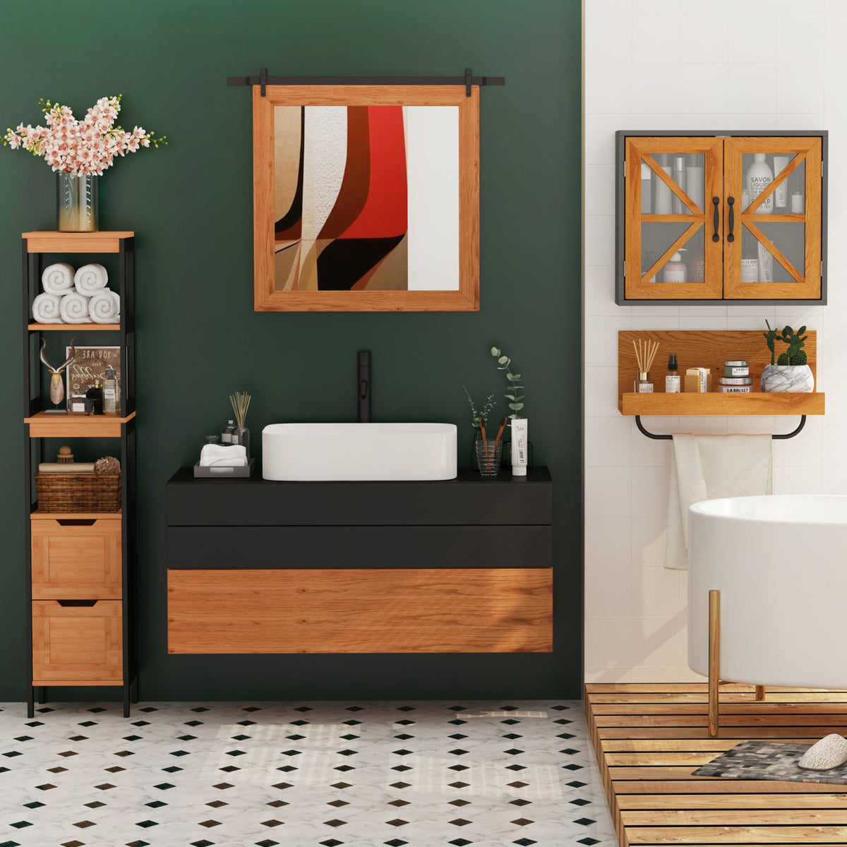 Meuble Colonne Rangement Salle de Bain Style Cosy dim. 30L x 30l x 144H cm 3 étagères 2 tiroirs Bambou Noir-1