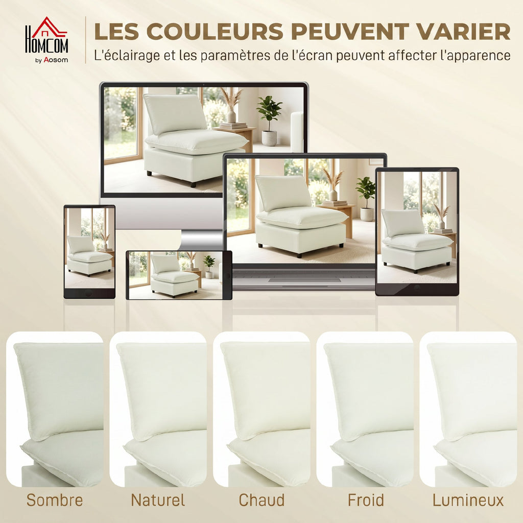 Fauteuil de salon, canapé 1 place moderne sans accoudoirs avec assise large, coussins épais, 146x85x78cm, crème-6