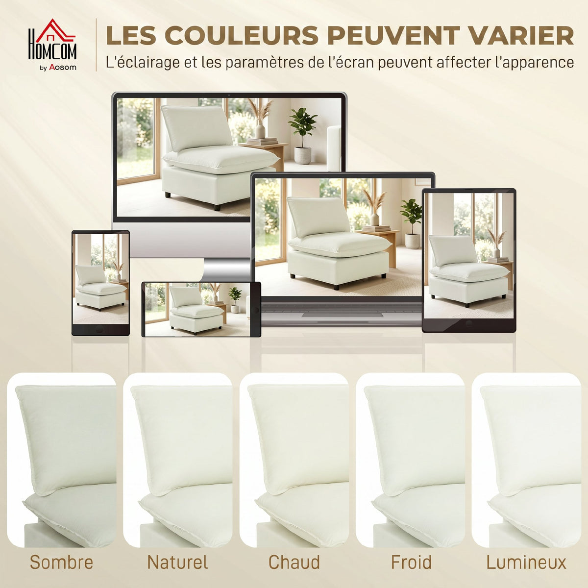 Fauteuil de salon, canapé 1 place moderne sans accoudoirs avec assise large, coussins épais, 146x85x78cm, crème-6