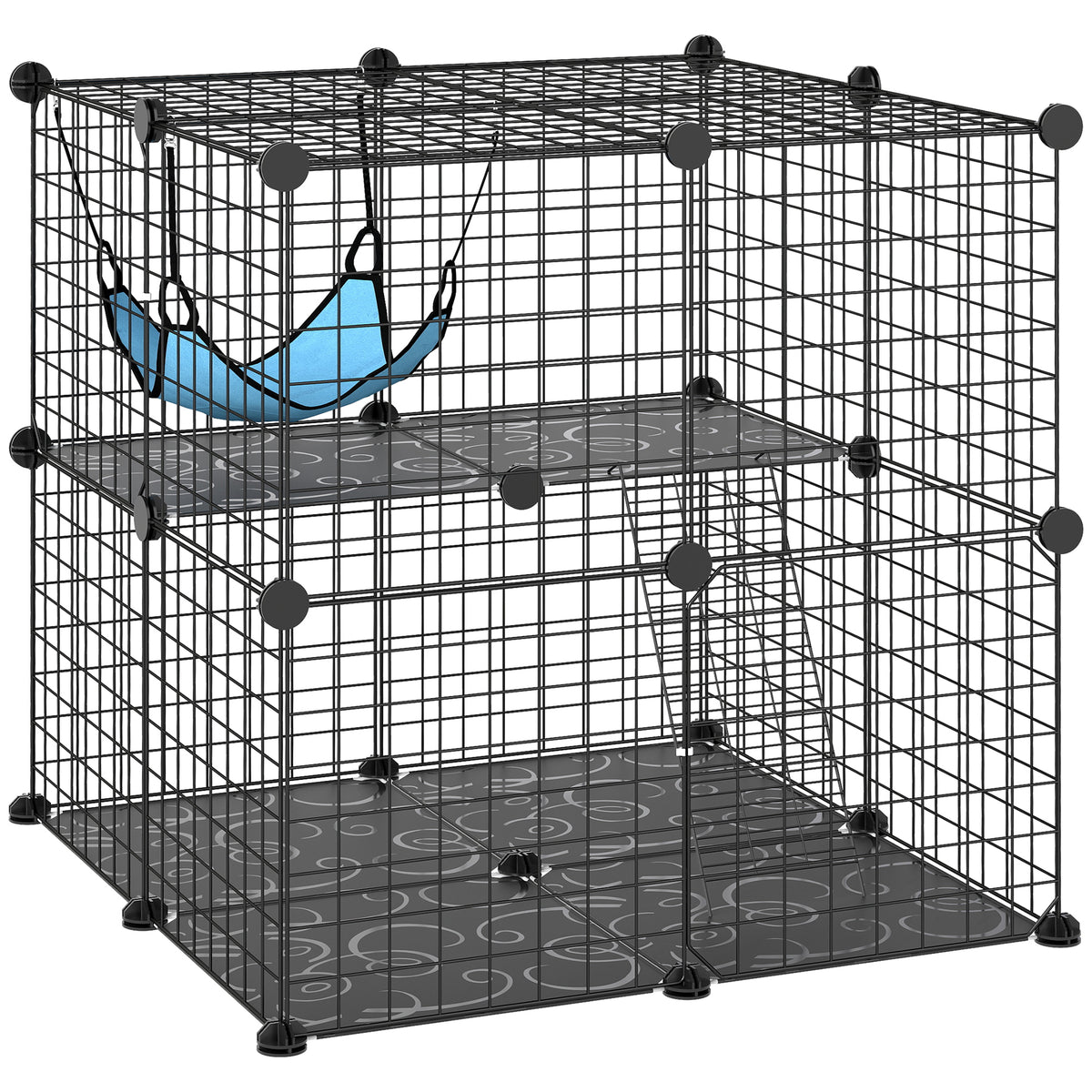 Cage Chat Intérieur Enclos Chat Modulable 2 Portes Hamac Échelle pour Petits Animaux de Compagnie 70x70x70cm Noir-0