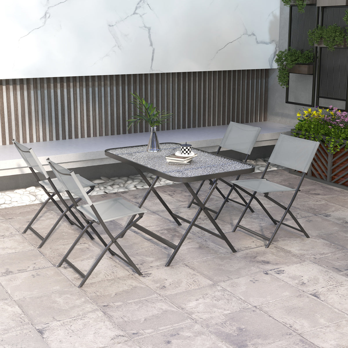 Ensemble de jardin 4 chaises + 1 table salon de jardin 5 pièces pilables chaises textilènes plateau en verre trempé gris-1
