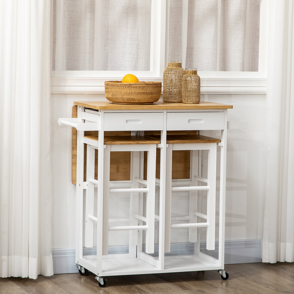 Ensemble table de bar pliable roulettes + 2 tabourets blanc et bois clair - 2 tiroirs et porte-torchons-9