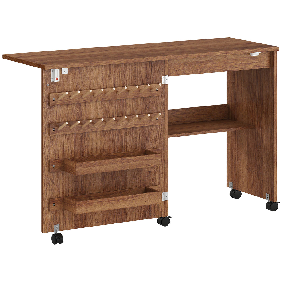 Table de Couture Pliante, Meuble Couture Roulant, Porte Magnétique de Grange, 2 Bacs, Étagère, 18 Chevilles, marron-0