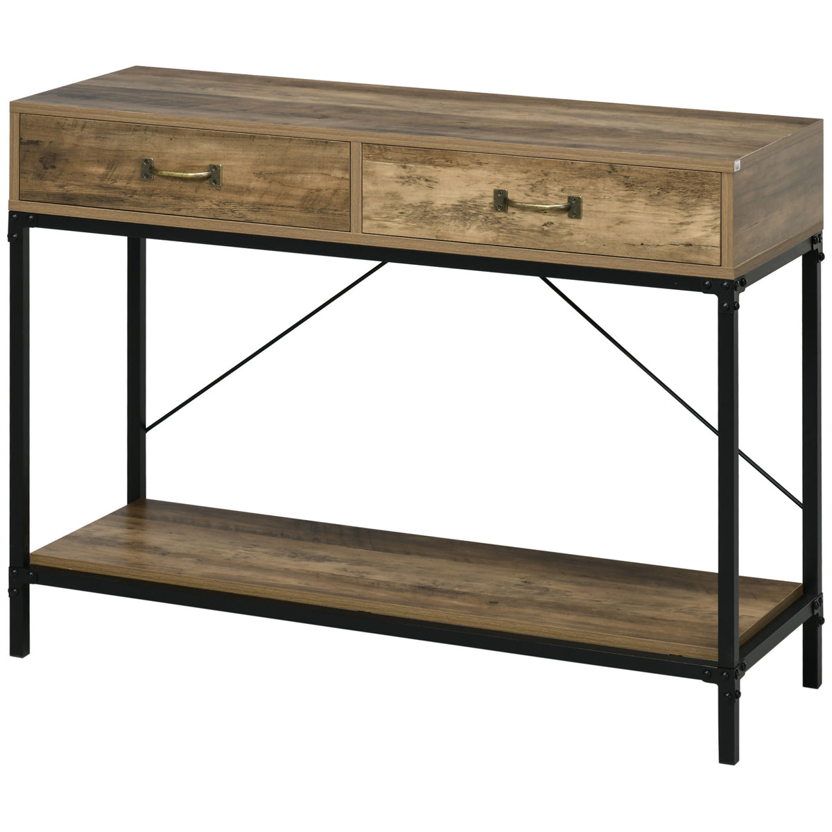 Table Console Table d'appoint d'entrée Industriel dim. 100L x 35l x 76H cm avec 2 tiroirs et 1 plateau Aspect Bois-6