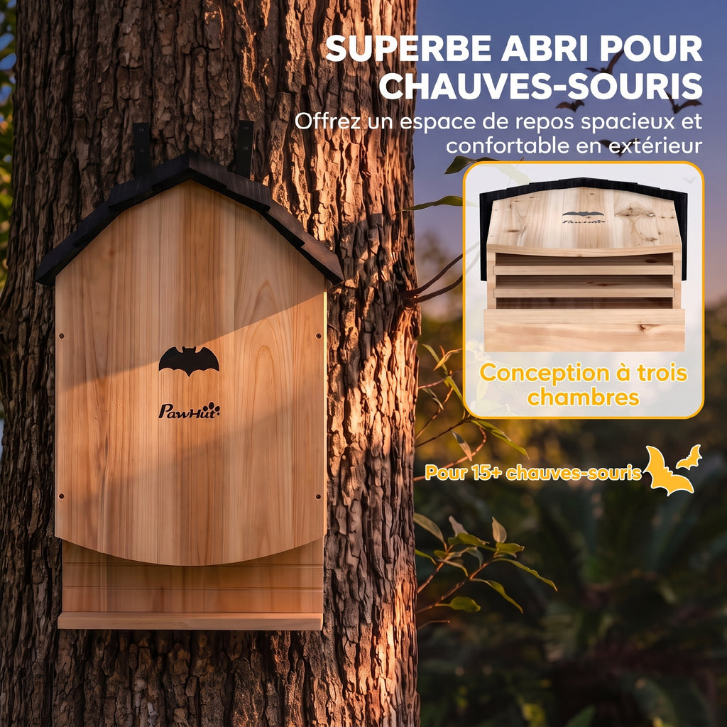 Abri à Chauves-Souris 3 Chambres Plus de 15 Chauves-Souris Crochet Suspension Arrière 36,5x16,6x60cm Bois Naturel-3