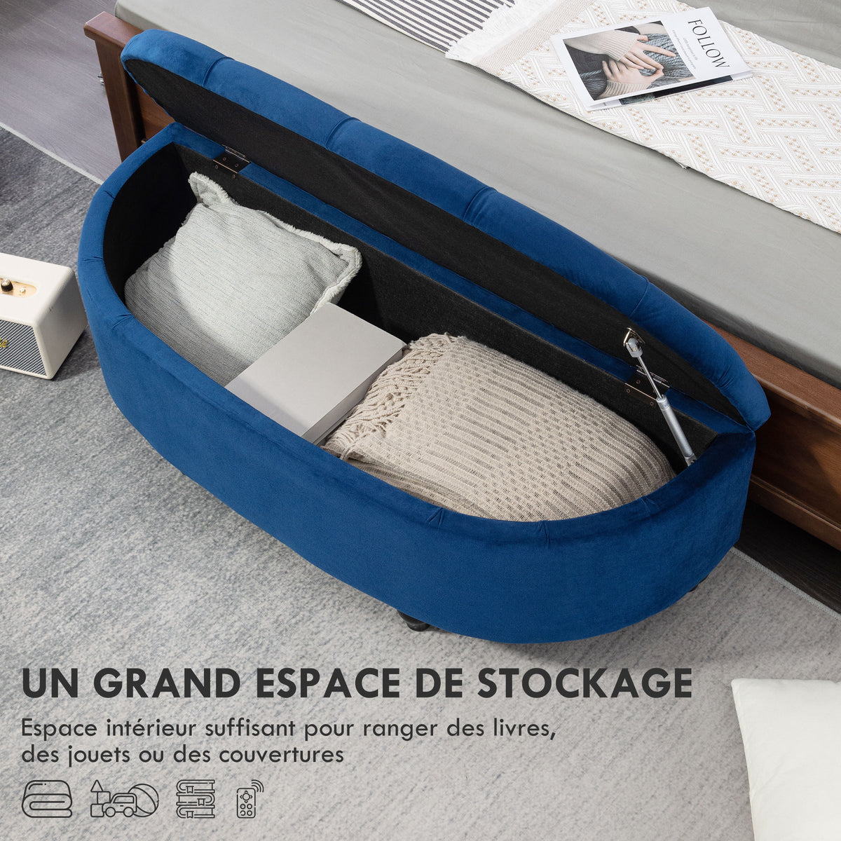 Pouf de Rangement Coffre 2 en 1 - Pouf capitonné Demi-Cercle - Pieds Bois hévéa Noir revêtement Velours Bleu-3