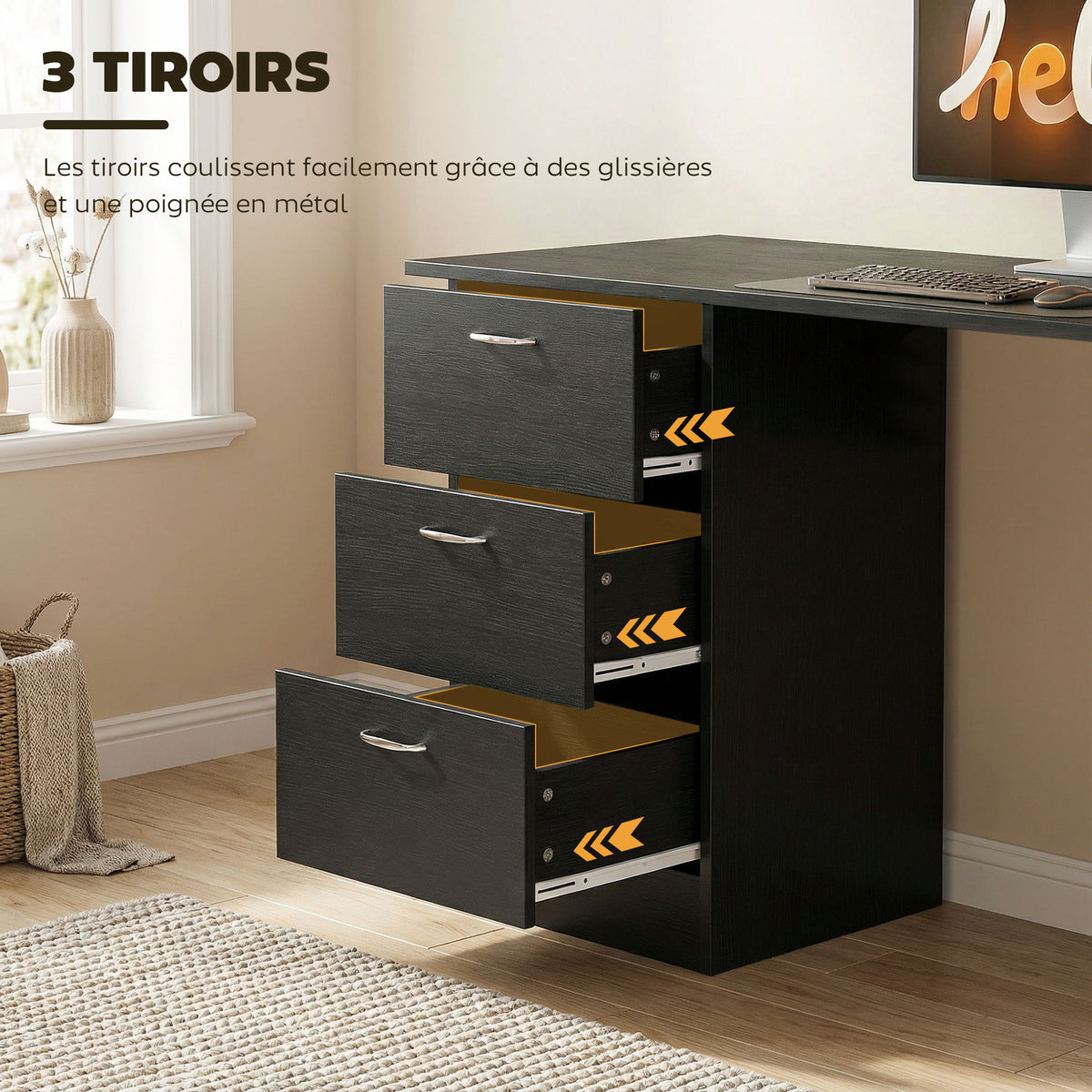 Bureau d'ordinateur avec 3 tiroirs et 3 étagères ouvertes, 120x49x72cm, bureau avec rangement réversible, style moderne, table informatique pour chambre, petit espace, télétravail, noir-4