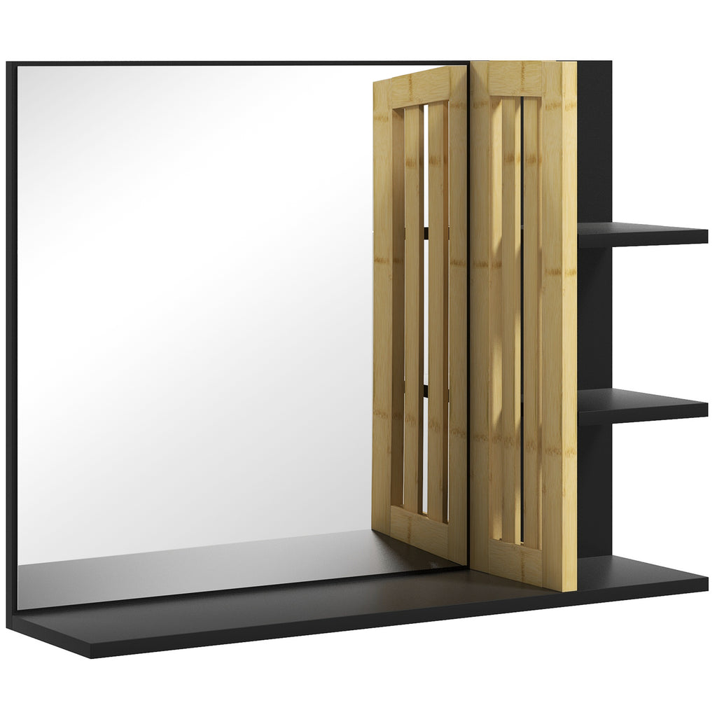 Miroir mural de salle de bain avec étagères de rangement - 3 étagères latérales + 1 étagère inférieure - bois de bambou-0