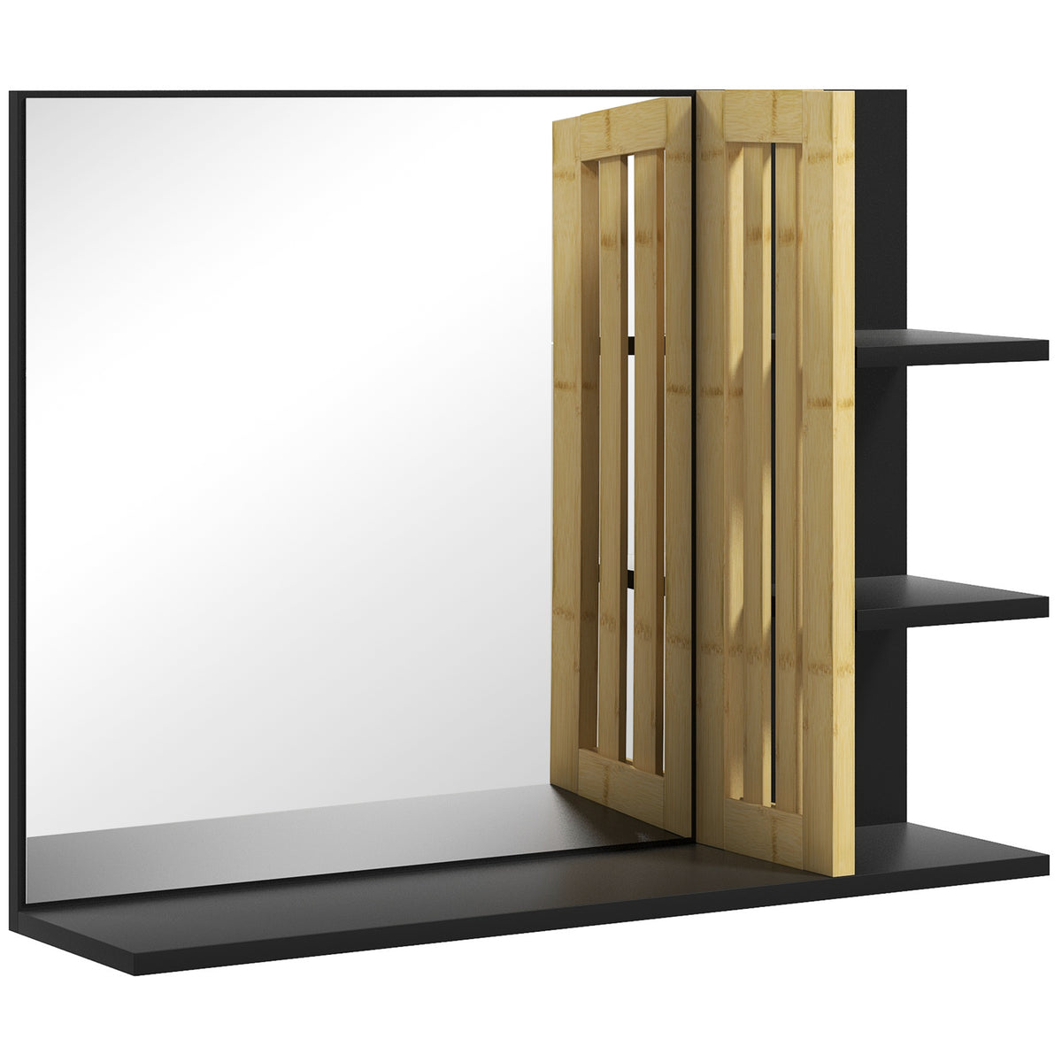 Miroir mural de salle de bain avec étagères de rangement - 3 étagères latérales + 1 étagère inférieure - bois de bambou-0