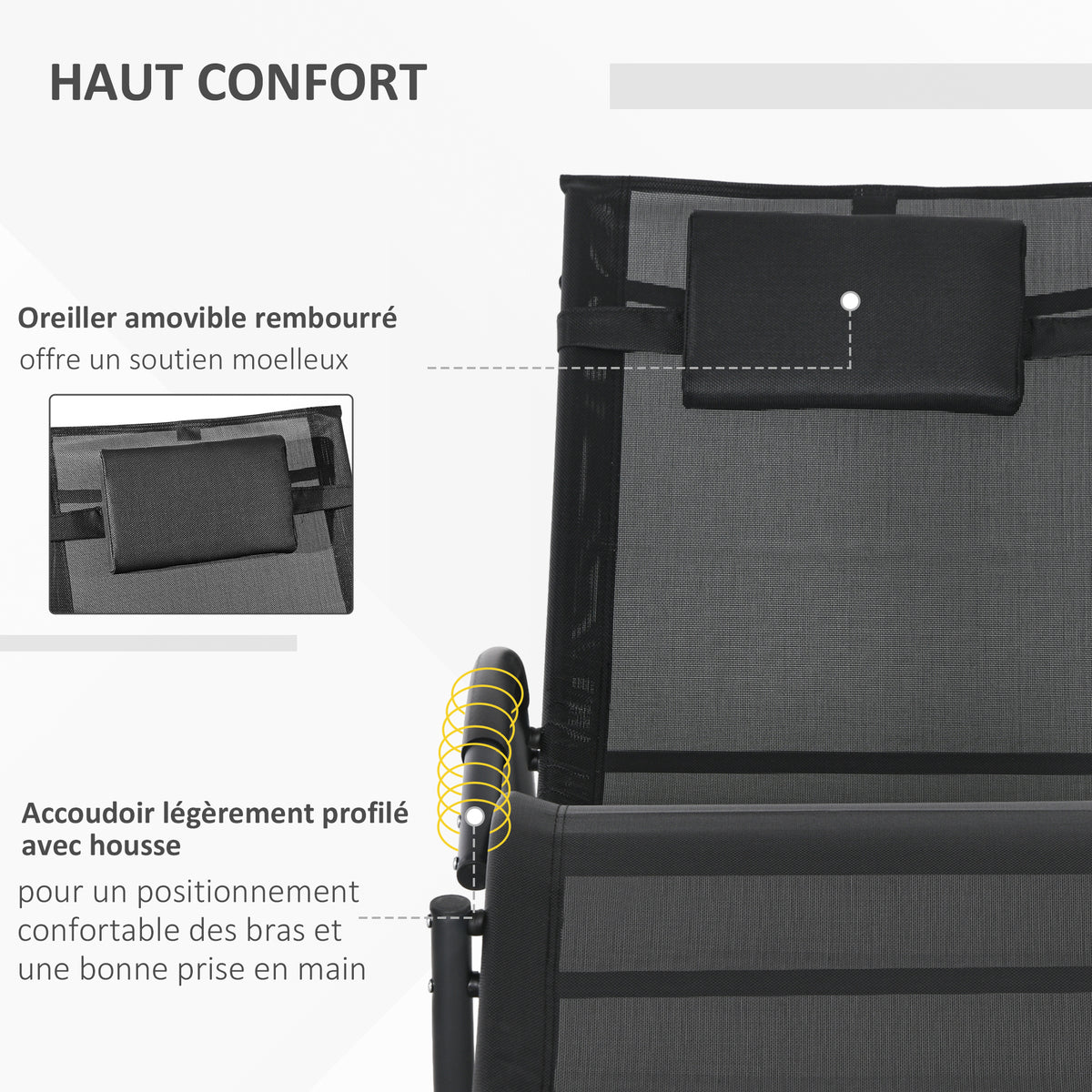 Chaise longue à bascule avec tétière utilisation extérieure intérieure noir-3
