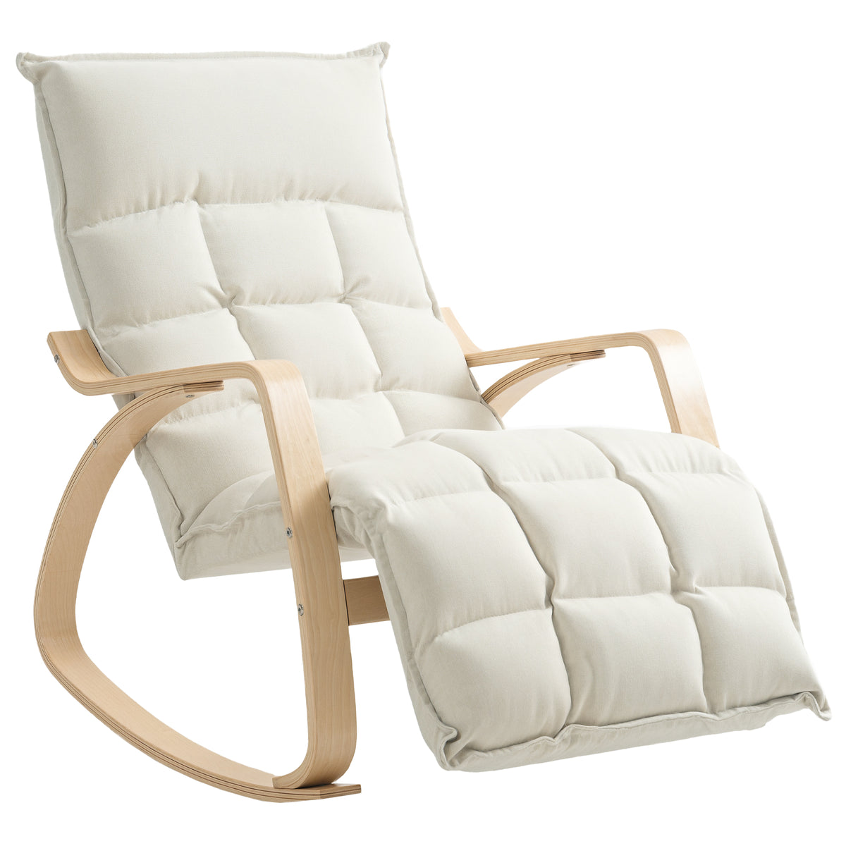 Fauteuil à bascule avec repose-pieds ajustable, rocking chair avec pieds en bois de bouleau, 67 x 106-123 x 92 cm, crème-0