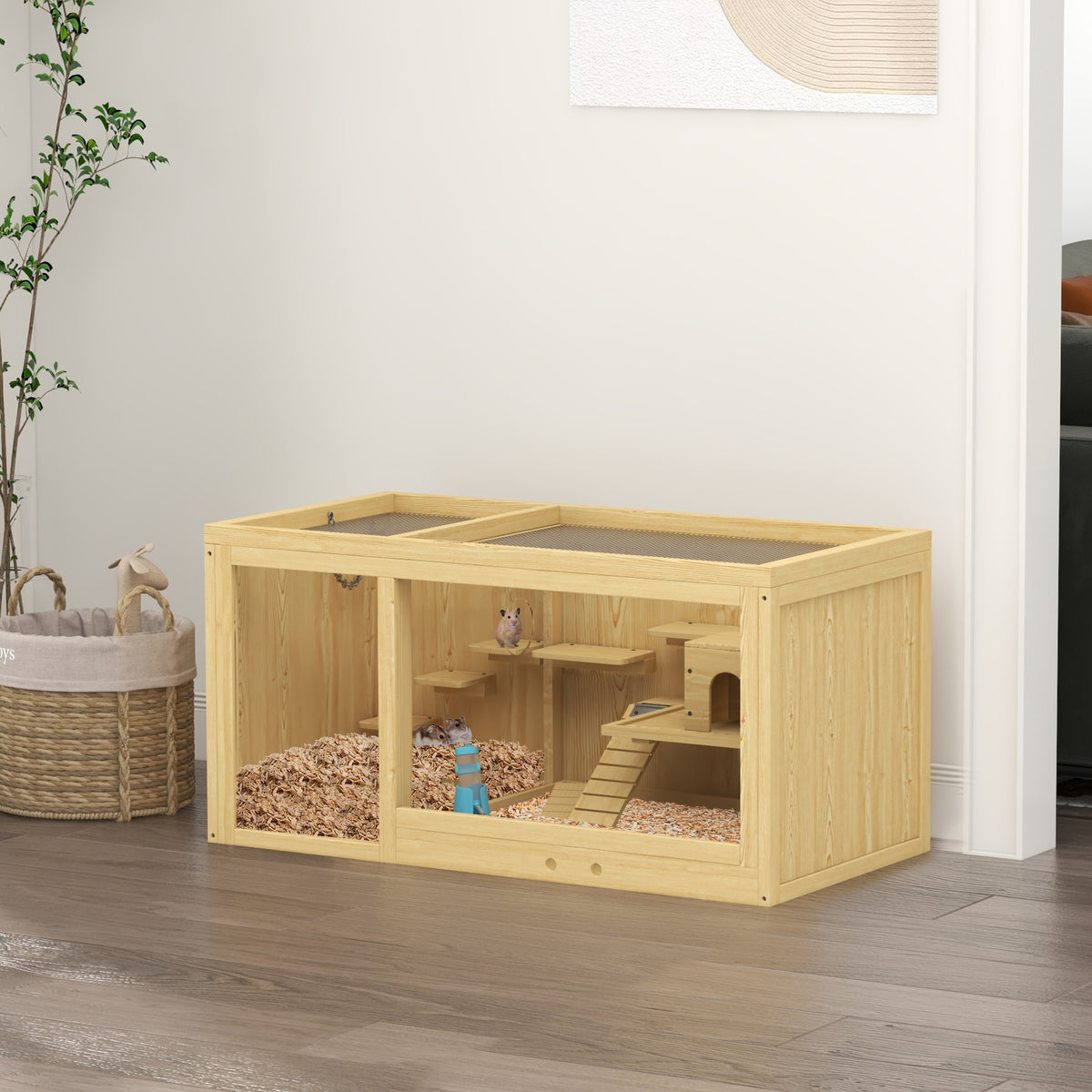 Cage Hamster Habitat pour Rongeurs Souris Plusieurs Niveaux Plateformes Échelle Balançoires 100 x 50 x 50 cm Naturel-9