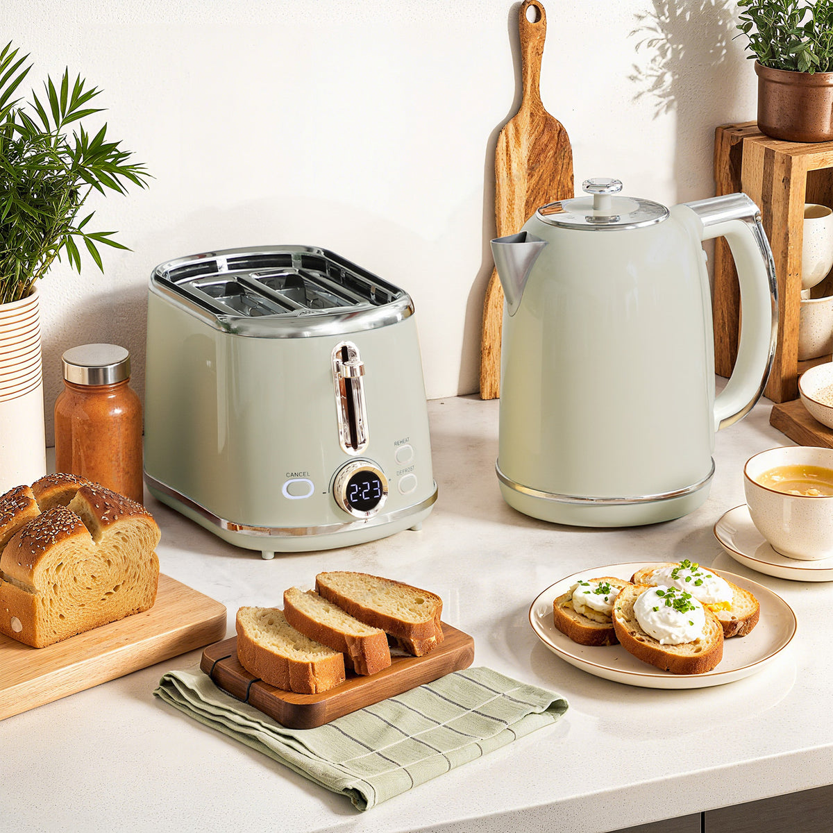 Ensemble bouilloire et grille-pain, bouilloire en acier inoxydable 1,7 L et 2200 W et grille-pain à 2 tranches, gris-1
