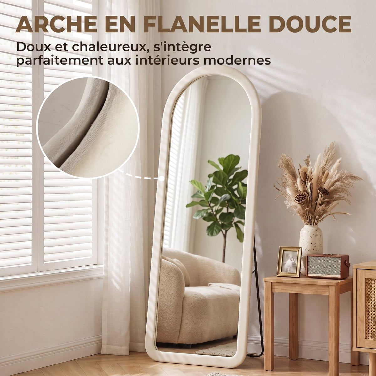 Miroir de Sol Arqué Pleine Longueur 160x60cm, Grand Miroir sur Pied ou Mural, Cadre Effet Velours, Verre Trempé, Crème-3