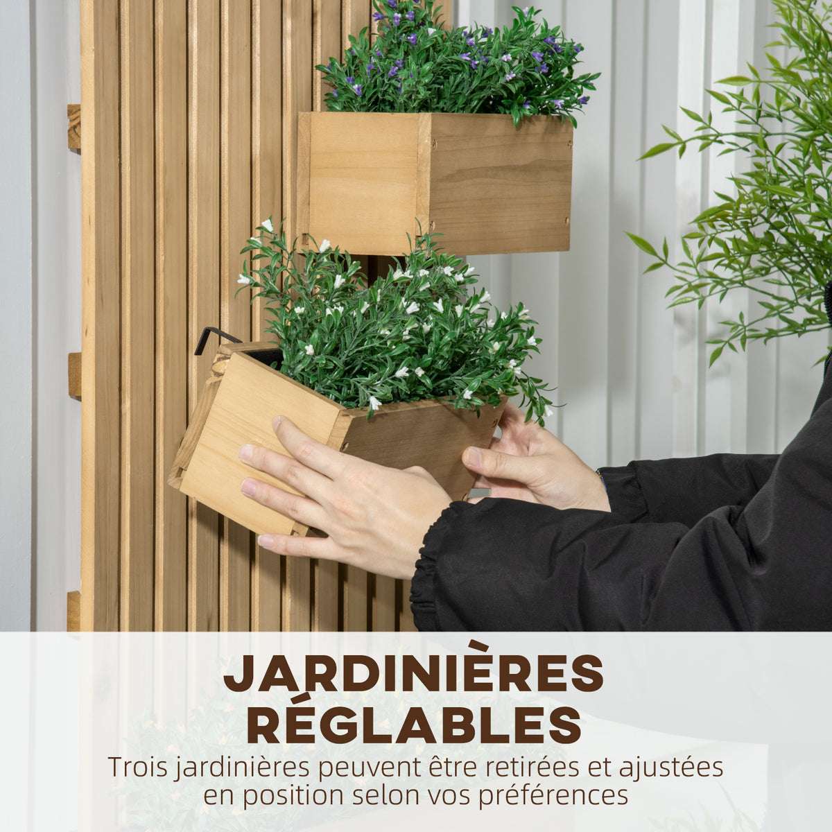 Jardinière murale potager avec 3 bacs en bois massif amovibles 60 x 16 x 80 cm-4