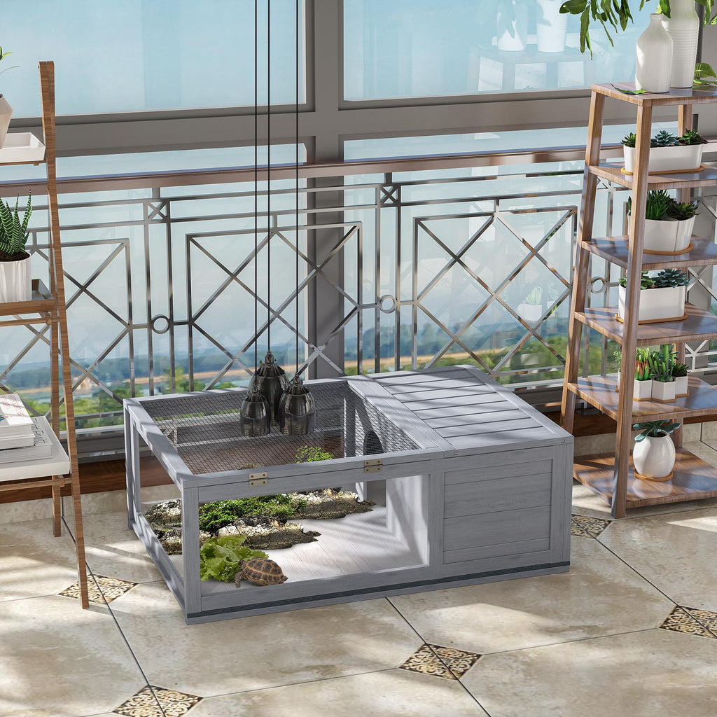 Maison enclos cage habitat pour petit animal tortues avec 2 espaces 91 x 60,5 x 32 cm bois massif gris-1