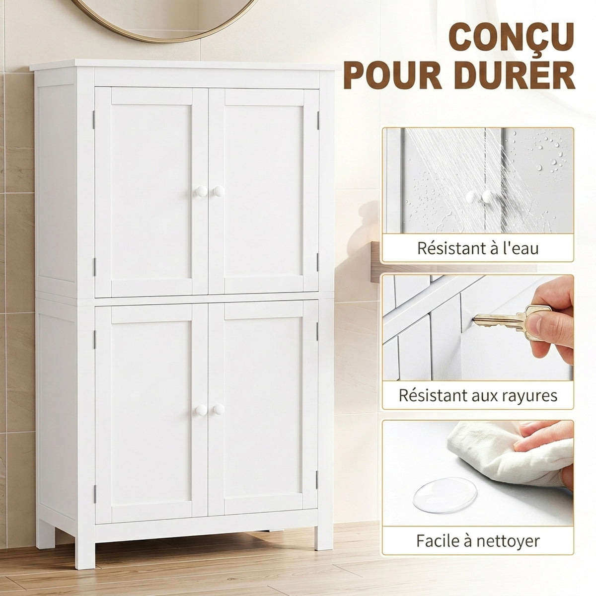 Meuble de salle de bain, meuble de rangement étroit avec 4 portes et étagères réglables, style moderne, blanc-6